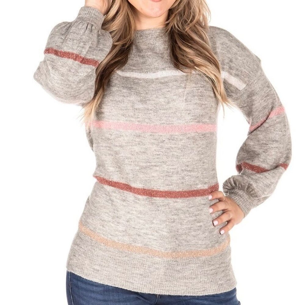 Andree By Unit Womens Gray Striped Knit Crew Neck Sweater Glittery size Large